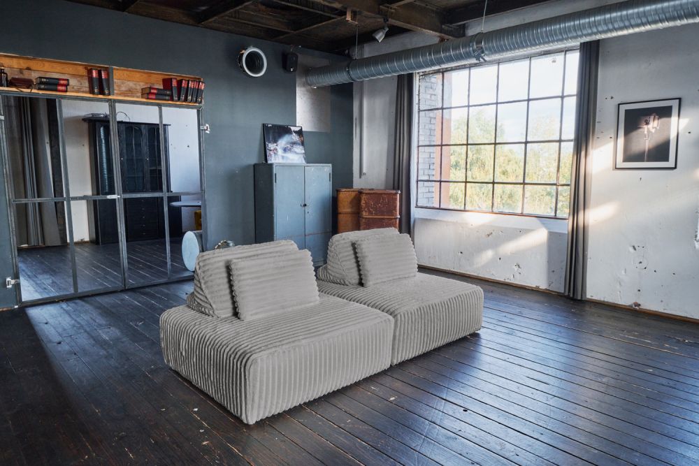 KAWOLA Sofá modular WIOLO SOFT 2 módulos 2 cojines de respaldo Suave pana ancha gris