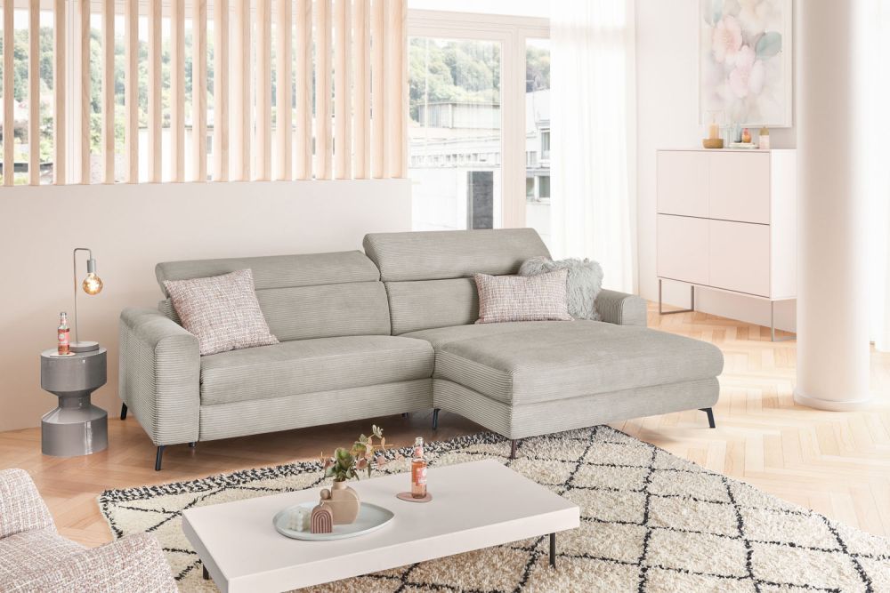 KAWOLA Sofá LAISKA sofá esquinero función relax semimotorizado pana gris piedra