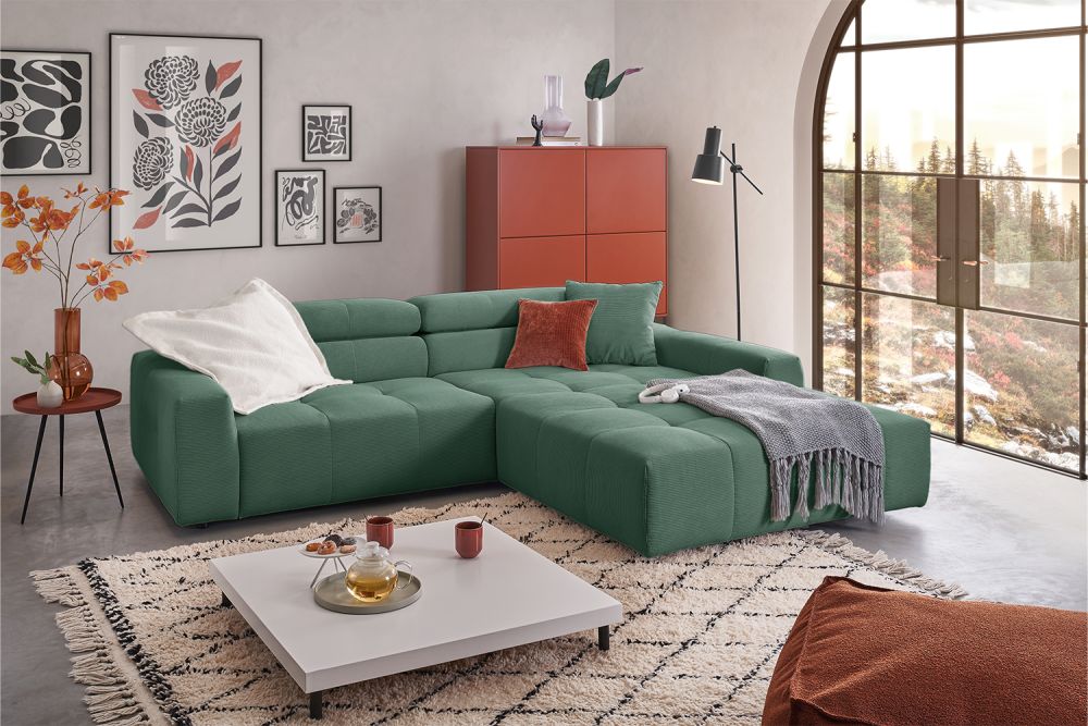 KAWOLA Sofá RENO Sofá esquinero pana fina verde