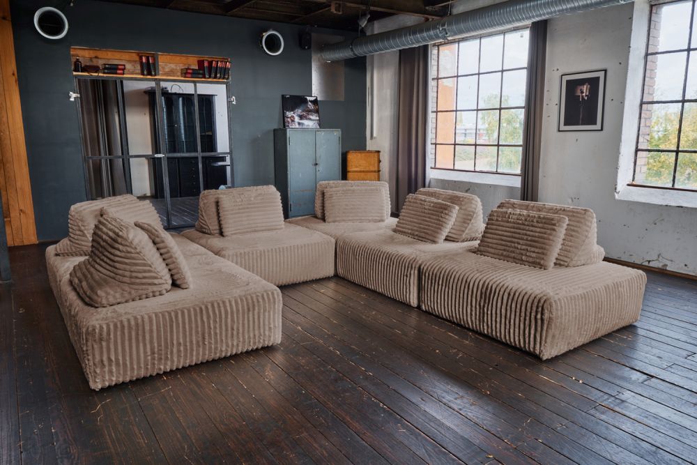 KAWOLA sofá modular WIOLO SOFT 6 módulos 6 cojines de respaldo Suave pana ancha taupe