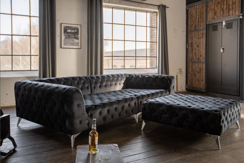 KAWOLA set Sofá extra ancho y otomana NARLA Chesterfield Terciopelo negro