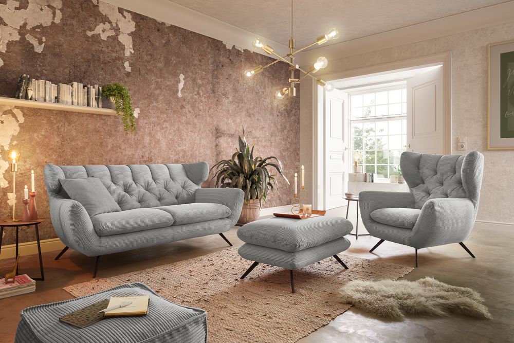 KAWOLA grupo de asientos CHARME Sofá Sillón Taburete banco Pana gris claro