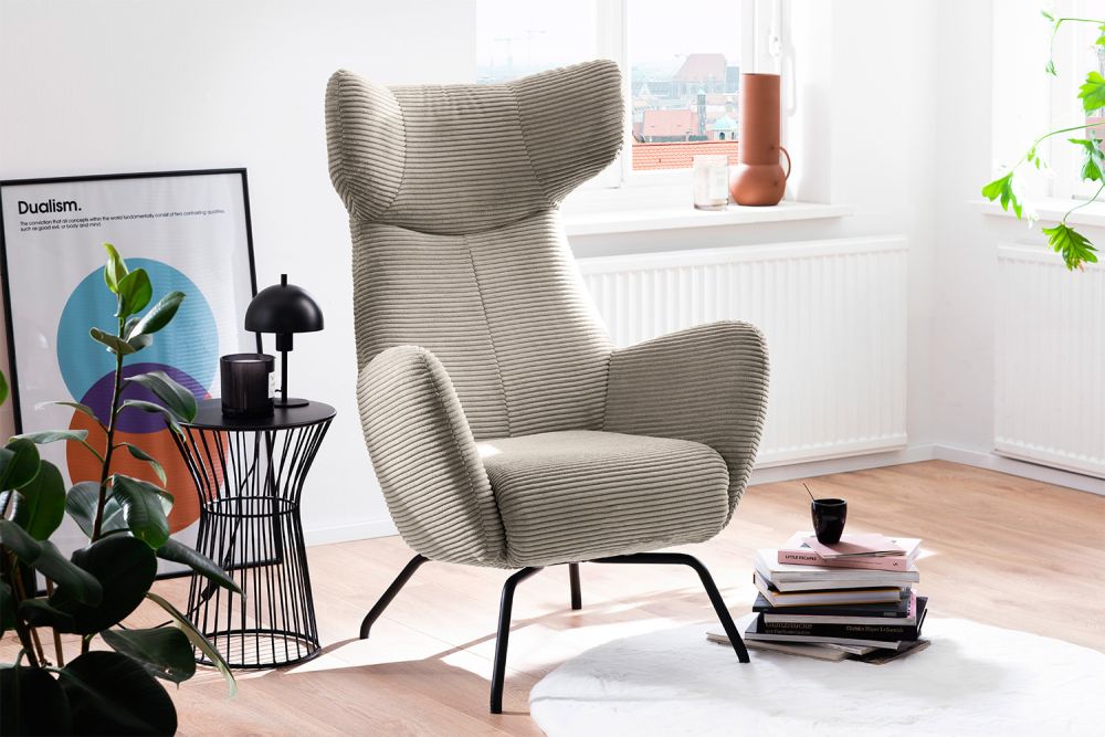 KAWOLA sillón LOTTE sillón orejero pana gris piedra