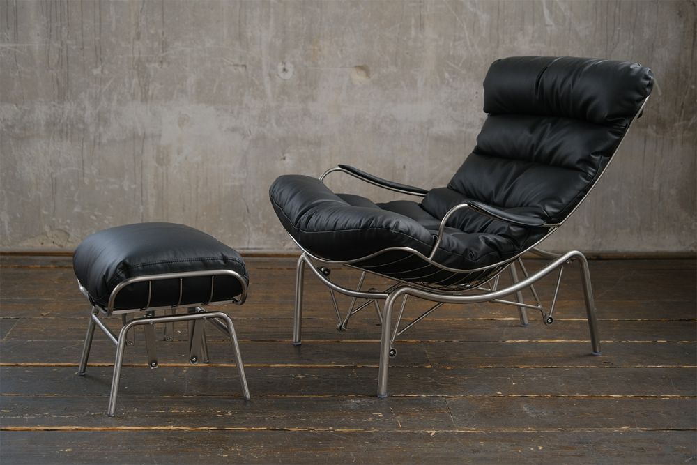 KAWOLA sillón reclinable ROWA cuero negro (A/A/P) 77x88x103 incluido puf
