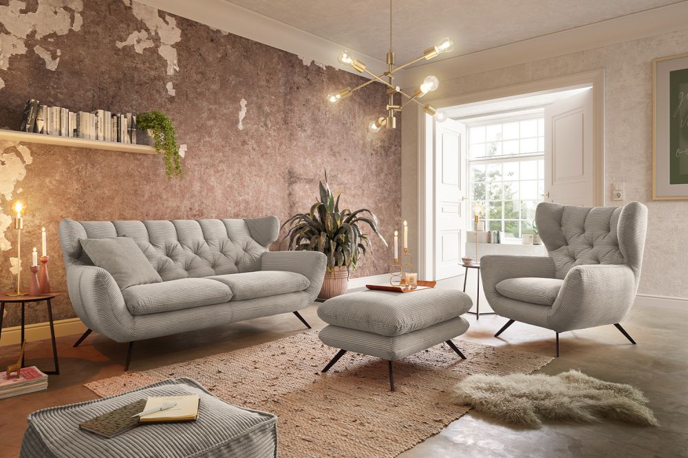 KAWOLA grupo de asientos CHARME sofá sillón taburete banco pana gris piedra