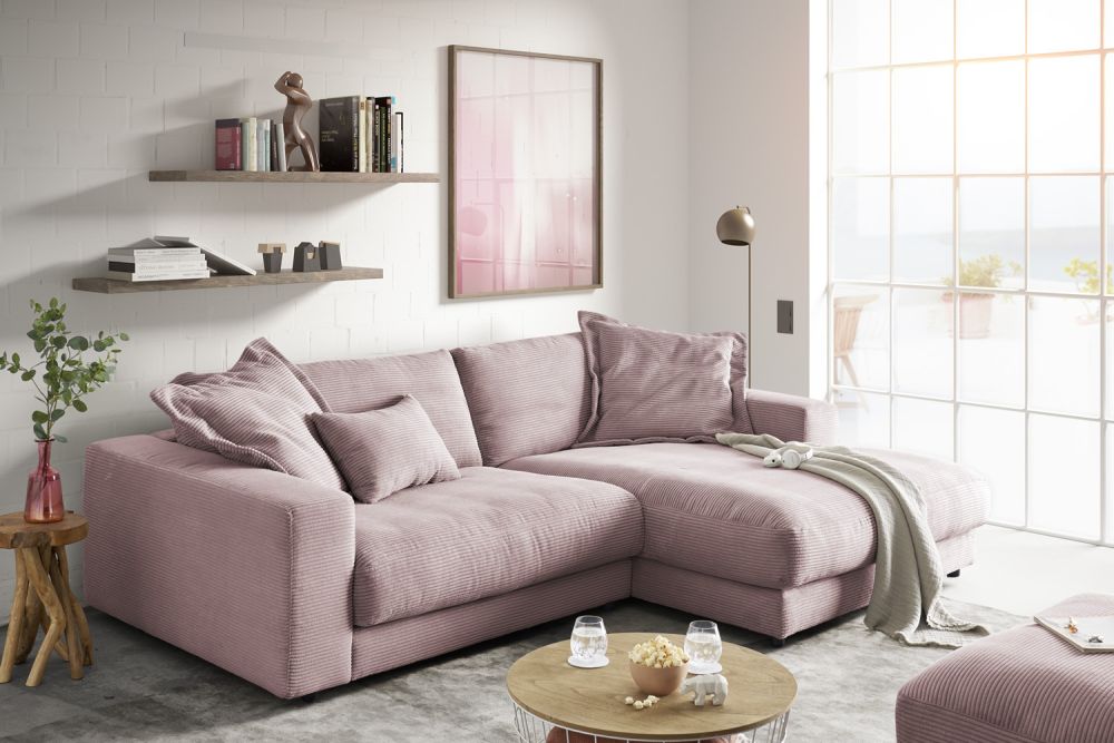 KAWOLA Sofá MADELINE Sofá esquinero con pana Chaise longue rosa
