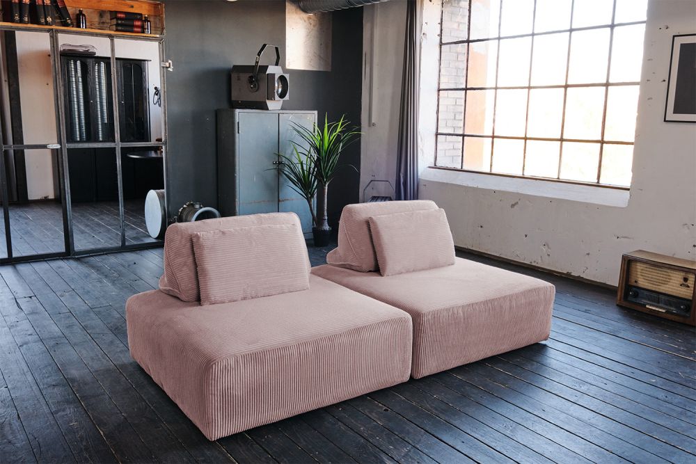 KAWOLA sofá modular WIOLO SOFT 2 módulos 2 cojines de respaldo rosa pana