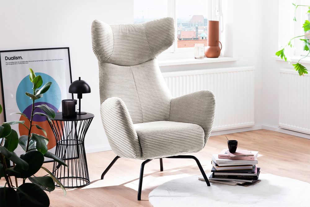 KAWOLA sillón LOTTE sillón de orejas pana crema blanco