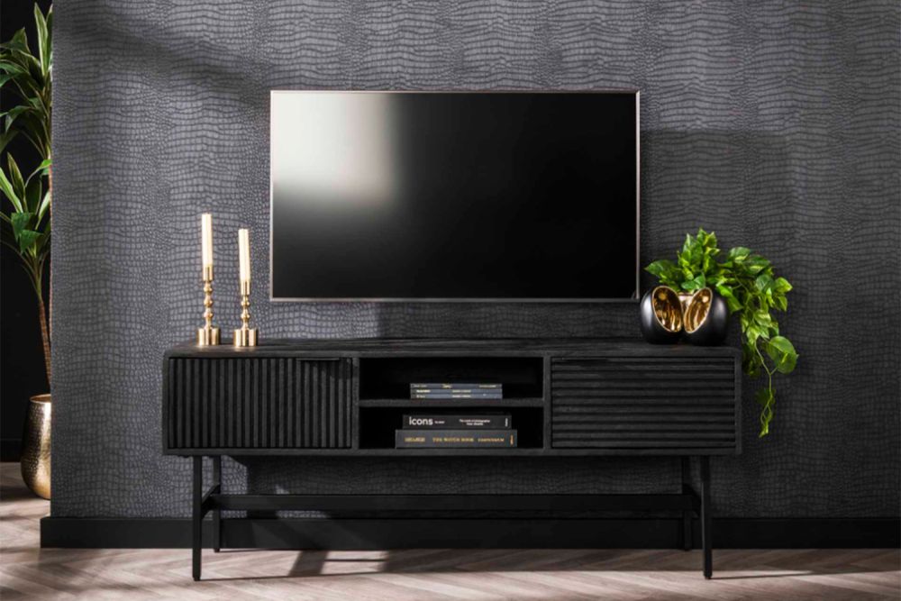 KAWOLA Mueble bajo ELVAS Tablero TV mango macizo negro 2 cajones