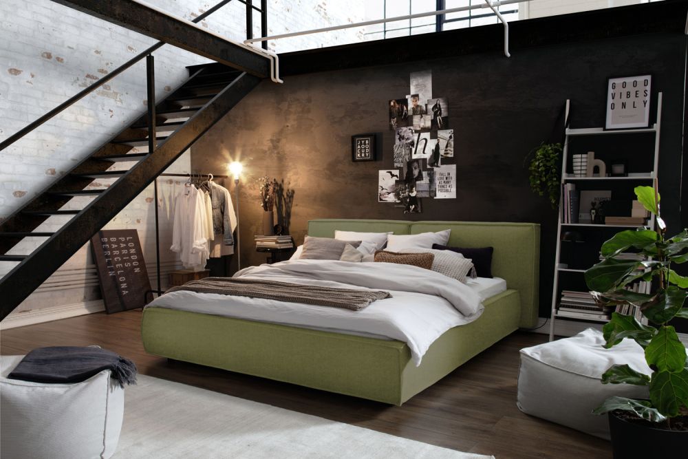 KAWOLA cama tapizada CARLO tela verde oliva