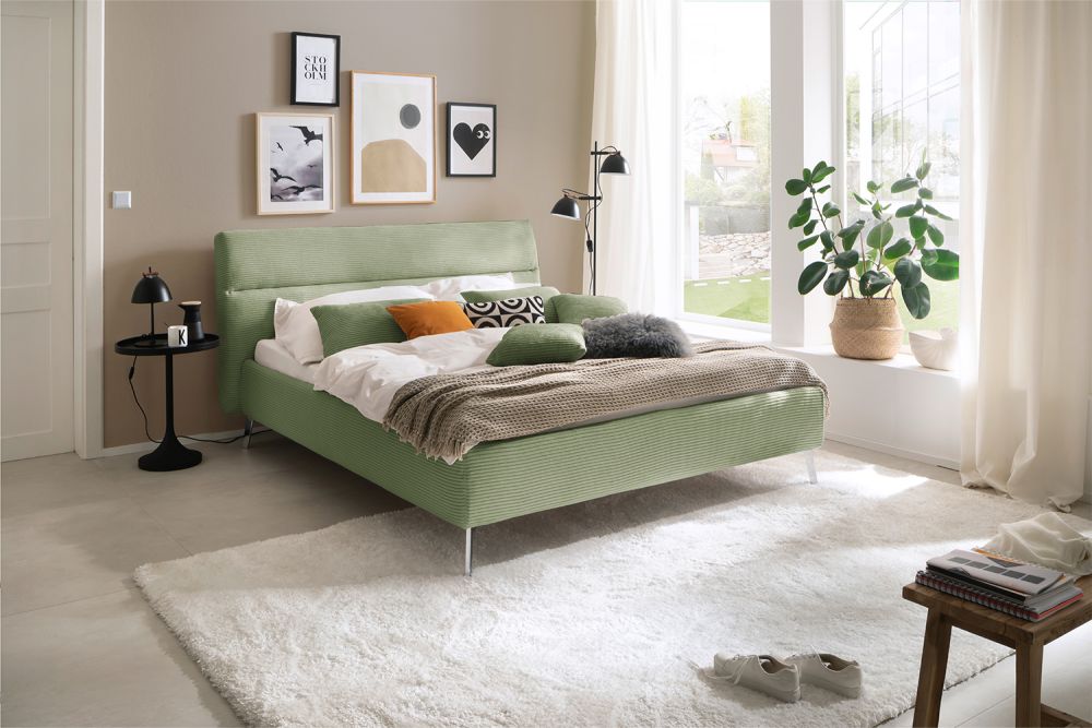 KAWOLA cama REMO cama tapizada pana verde oliva