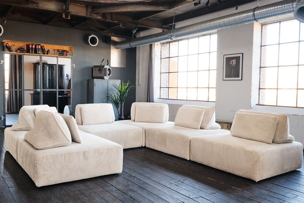 KAWOLA sofá modular WIOLO SOFT 6 módulos 6 cojines de respaldo pana crema blanco