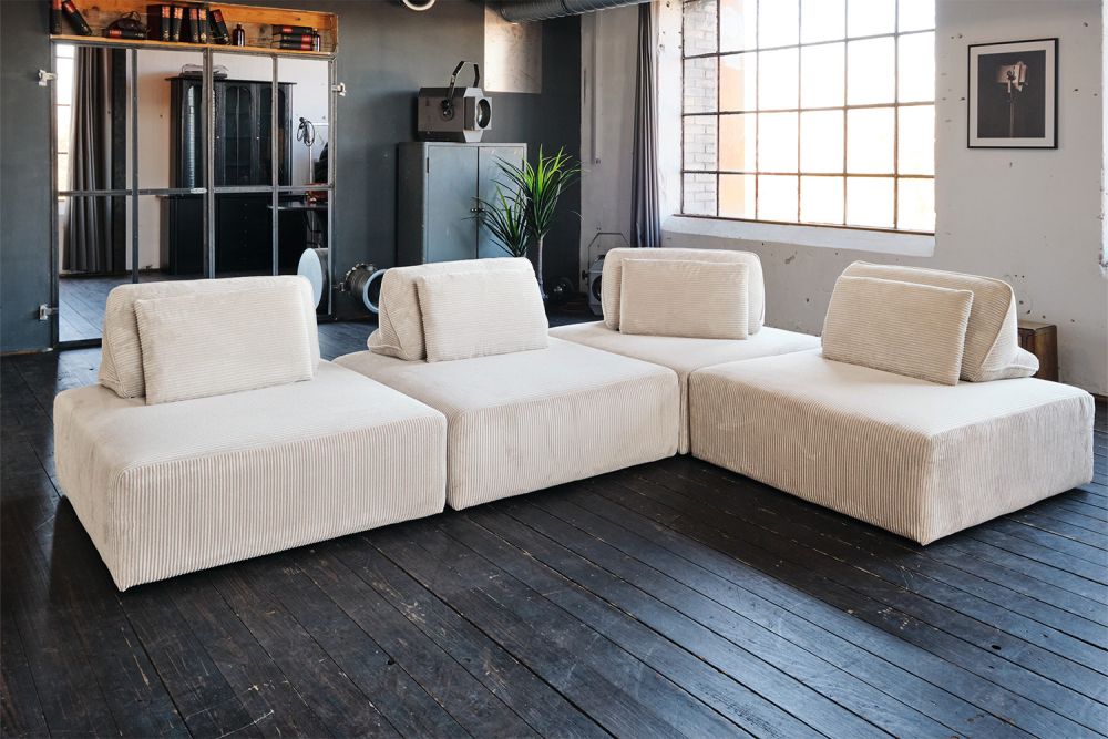 KAWOLA sofá modular WIOLO SOFT 4 módulos 4 cojines de respaldo pana crema blanco