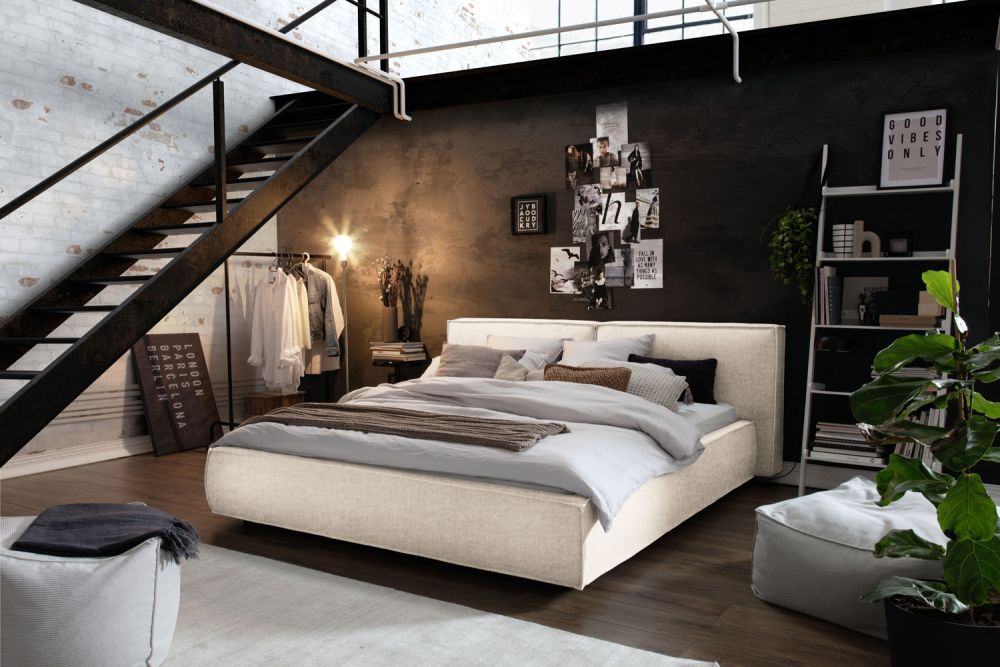 KAWOLA cama CARLO cama tapizada tela crema blanco