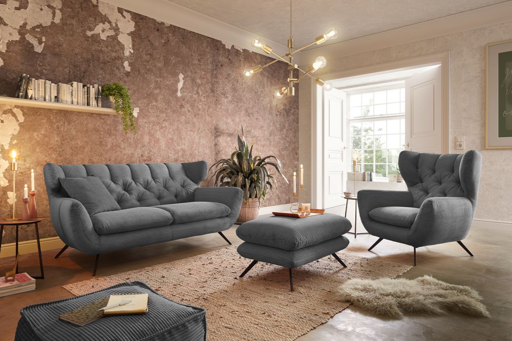 KAWOLA grupo de asientos CHARME sofá sillón taburete banco pana gris