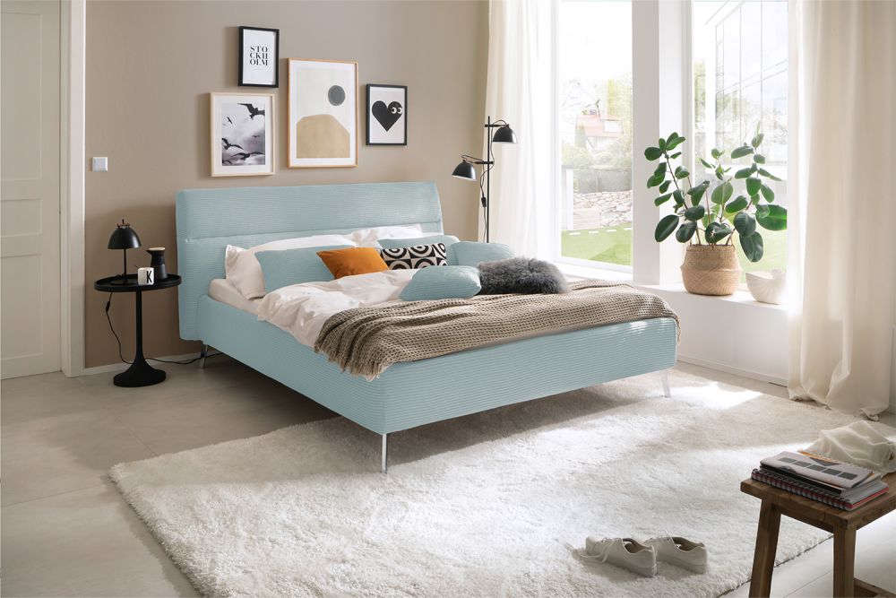 KAWOLA cama REMO cama tapizada pana azul claro
