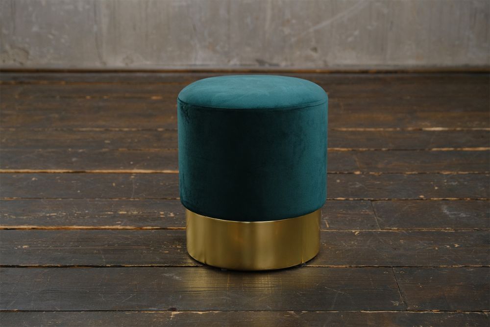 KAWOLA taburete LIZA taburete tapizado puf terciopelo verde pié oro