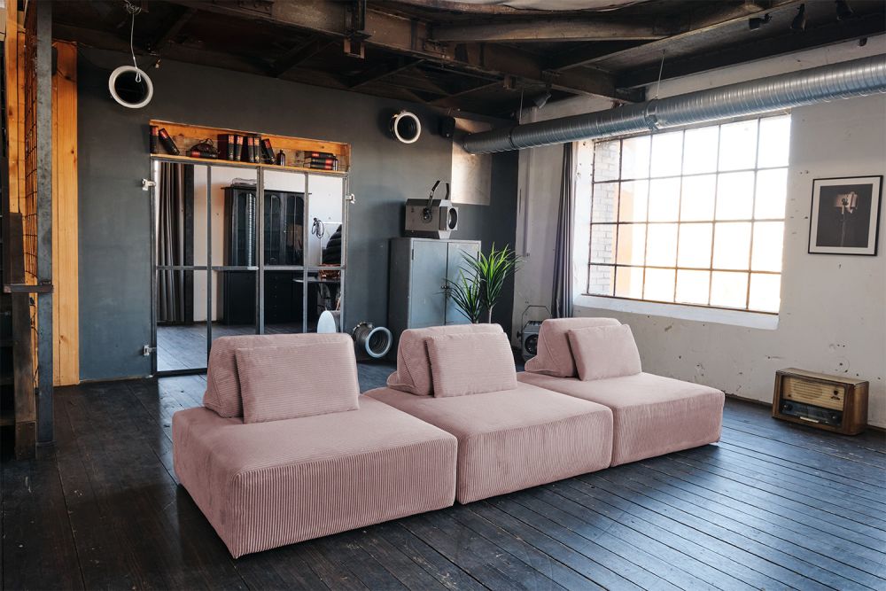 KAWOLA sofá modular WIOLO SOFT 3 módulos 3 cojines de respaldo rosa pana