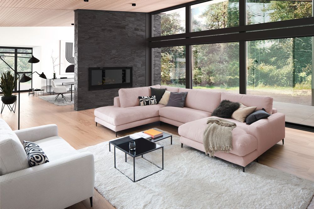 KAWOLA Sofá panorámico CARA forma de U pana rosa