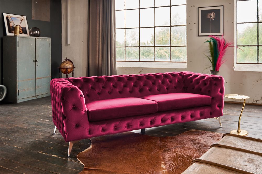 KAWOLA Sofá NARLA Chesterfield 3 plazas Terciopelo rojo