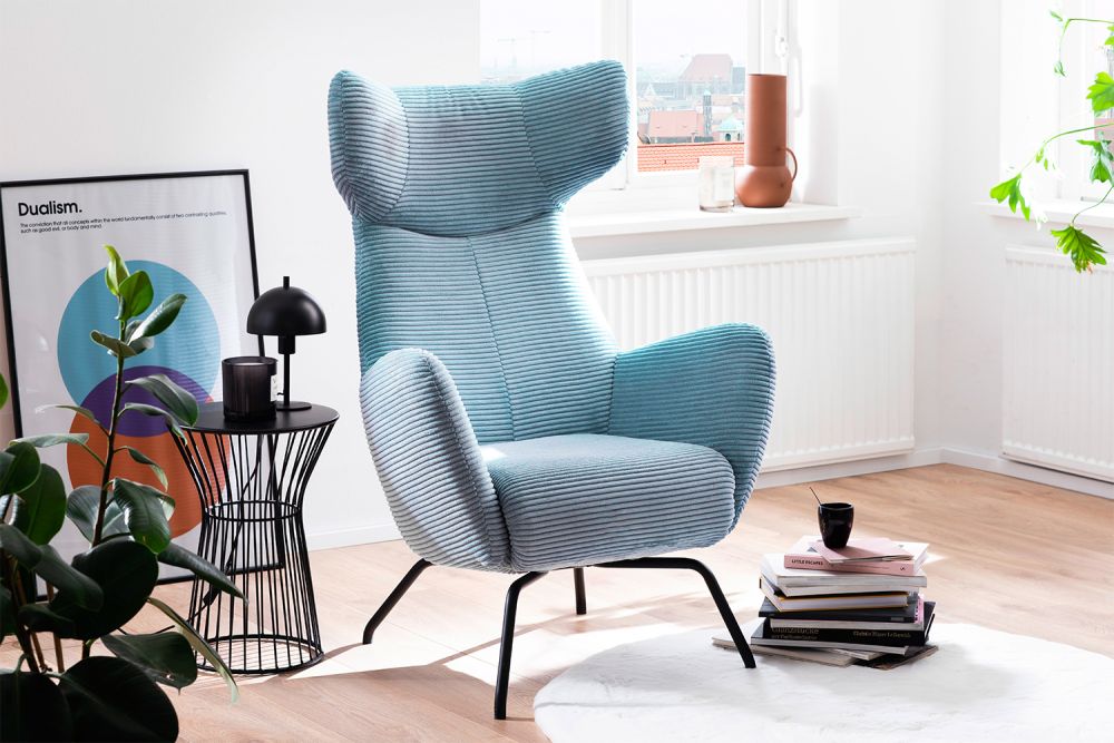 KAWOLA sillón LOTTE sillón orejero pana azul claro