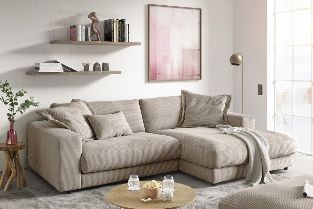 KAWOLA Sofá MADELINE Sofá esquinero con Chaise longue Cord taupe