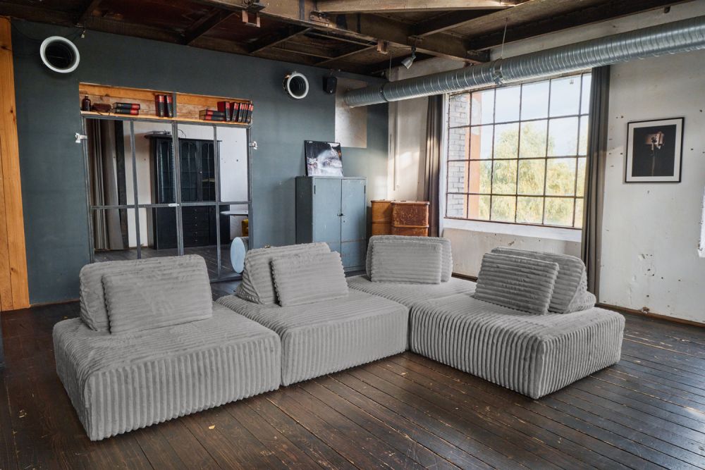 KAWOLA sofá modular WIOLO SOFT 4 módulos 4 cojines de respaldo Suave pana ancha gris