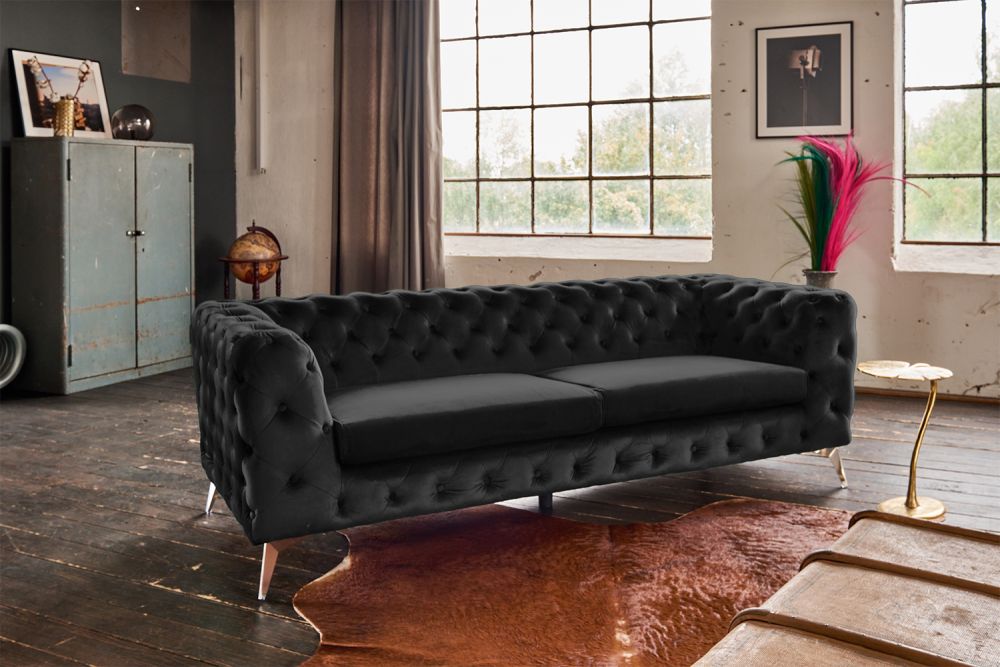 KAWOLA Sofá NARLA Chesterfield 3 plazas Terciopelo negro