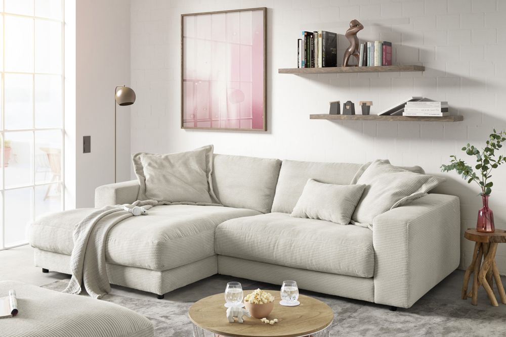 KAWOLA Sofá MADELINE Sofá esquinero con Chaise longue Pana gris claro