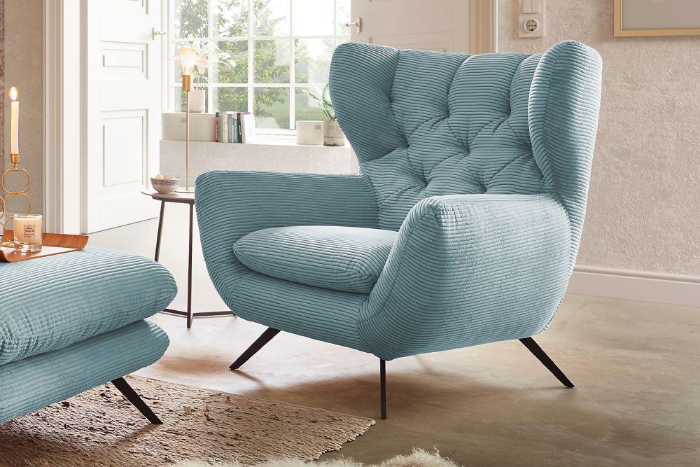 KAWOLA sillón CHARME sillón de respaldo alto pana azul claro