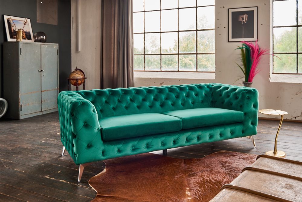 KAWOLA Sofá NARLA Chesterfield 3 plazas Terciopelo verde