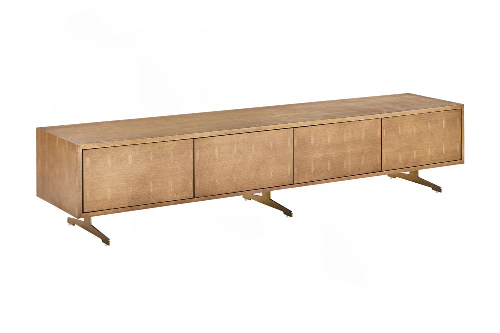 KAWOLA Mueble bajo GALA Mueble TV 4 puertas imitación piel color oro pié acero inoxidable cepillado